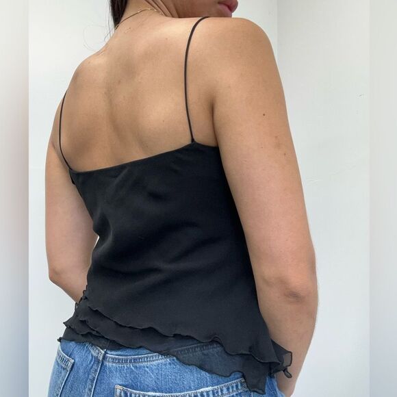 Vintage 90’s Black Silk Ruffle Beaded Spaghetti Strap Cami Top Size S - Picture 4 of 10